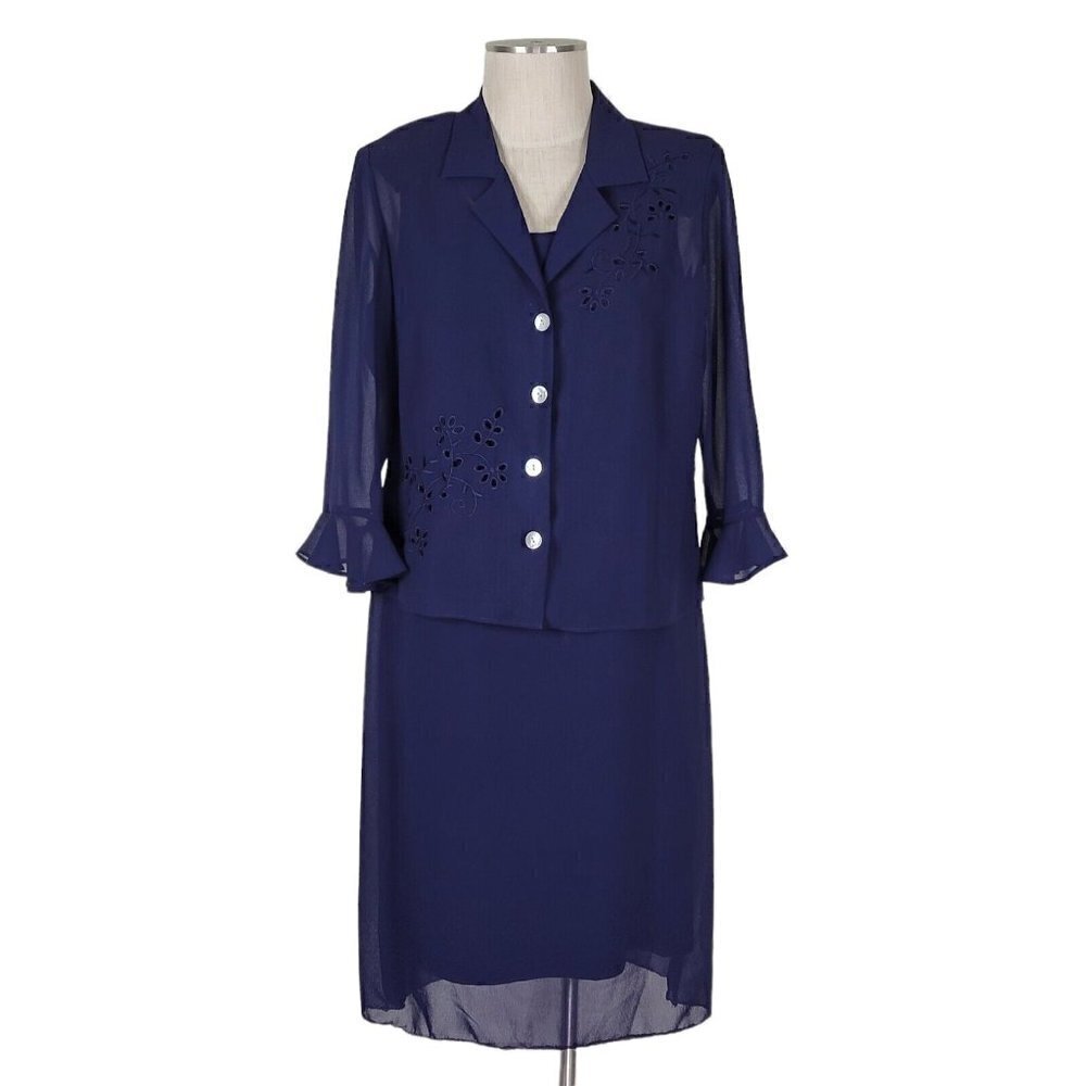 Studio I Chiffon Dress Suit  Size 12P Cut Outs Ruffle Cuff Sleeves Navy Blue